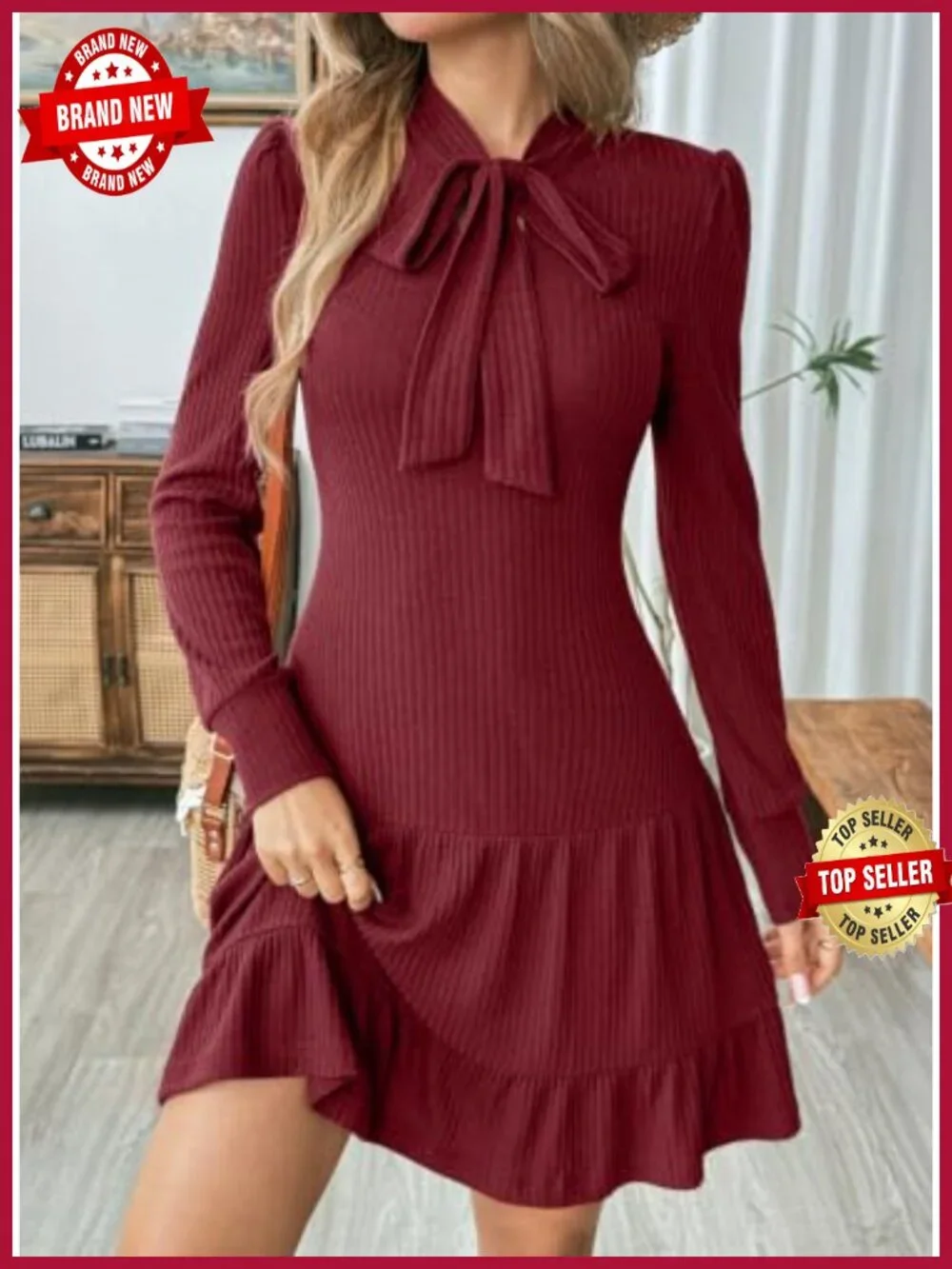 Long Sleeve Tie Knot Ribbed Knit Babydoll Dress Mini A Line Swing Fall